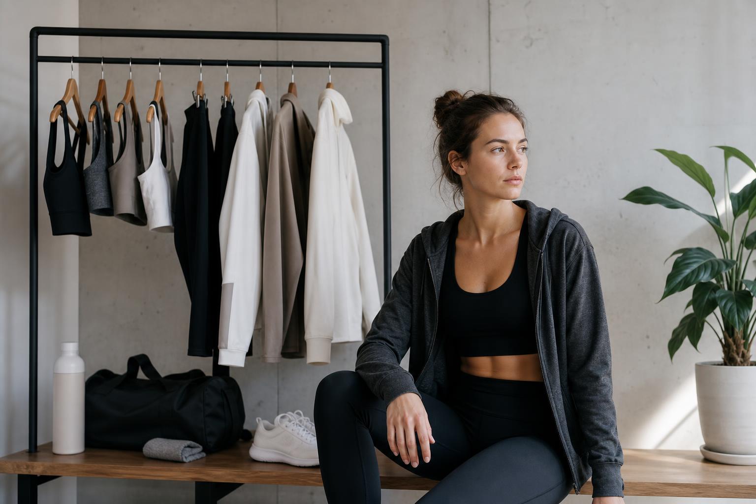 Gym capsule wardrobe essentials neatly arranged in a sleek, modern flat lay with neutral activewear pieces