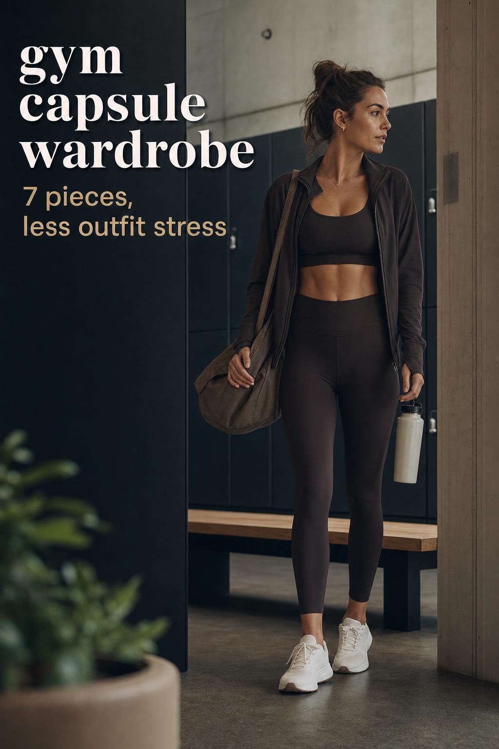 Gym capsule wardrobe editorial photo of woman in minimalist activewear with gym bag in a modern urban setting