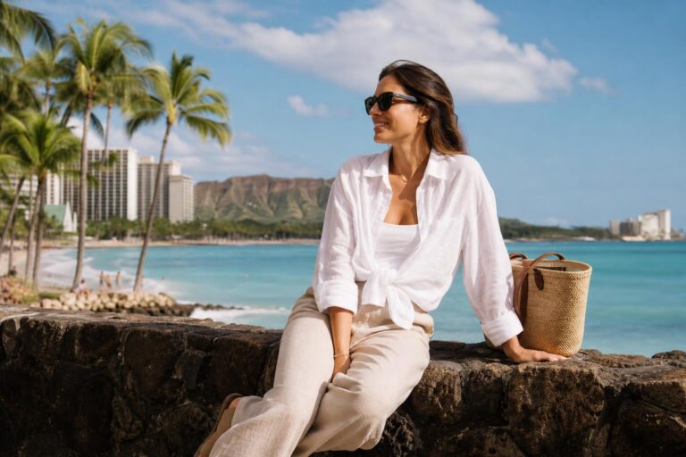 Flat lay of a hawaii capsule wardrobe with sundress, swimsuits, cover-up, sandals, hat, and sunglasses for beach-to-dinner style