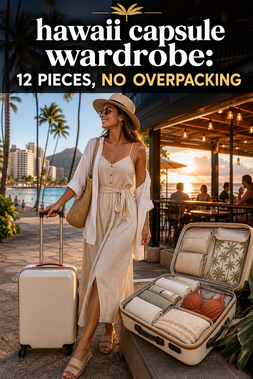 Hawaii capsule wardrobe essentials laid out on a bed with linen dress, sandals, hat, and swimwear for travel