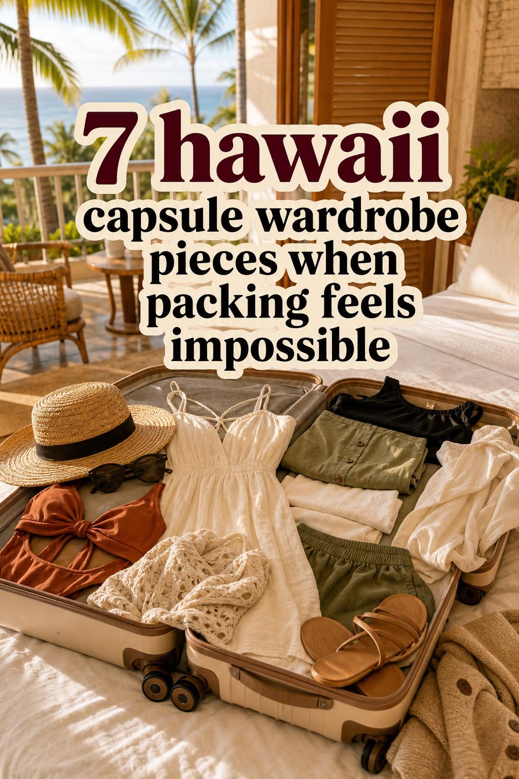 Hawaii capsule wardrobe packing scene with open suitcase on resort terrace at golden hour, with Pinterest text overlay