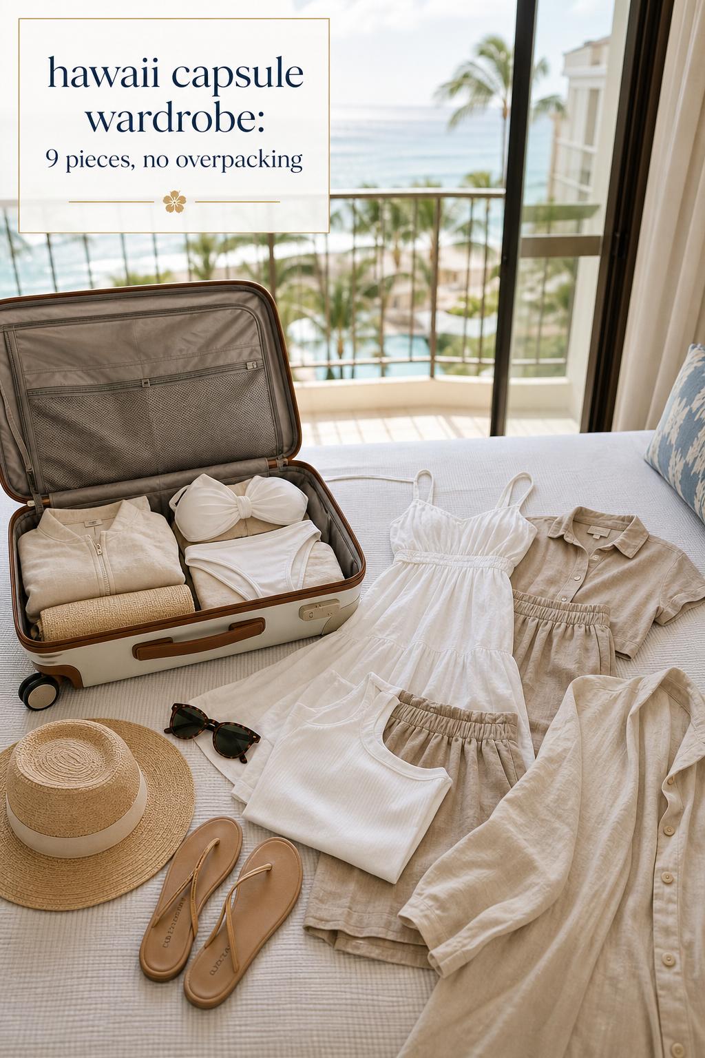 Hawaii capsule wardrobe laid out on a resort bed with carry-on suitcase, sandals and ocean view balcony light
