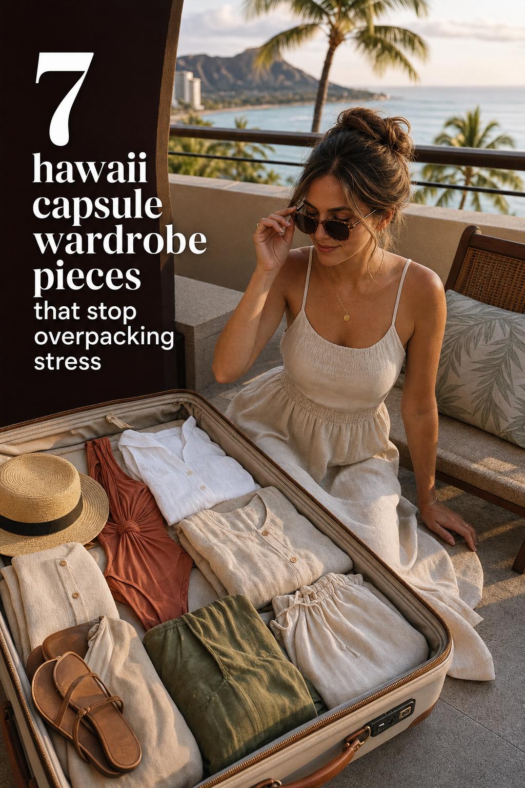 Stylish traveler packing a hawaii capsule wardrobe on a sunlit Waikiki resort terrace with an organized suitcase at golden hour