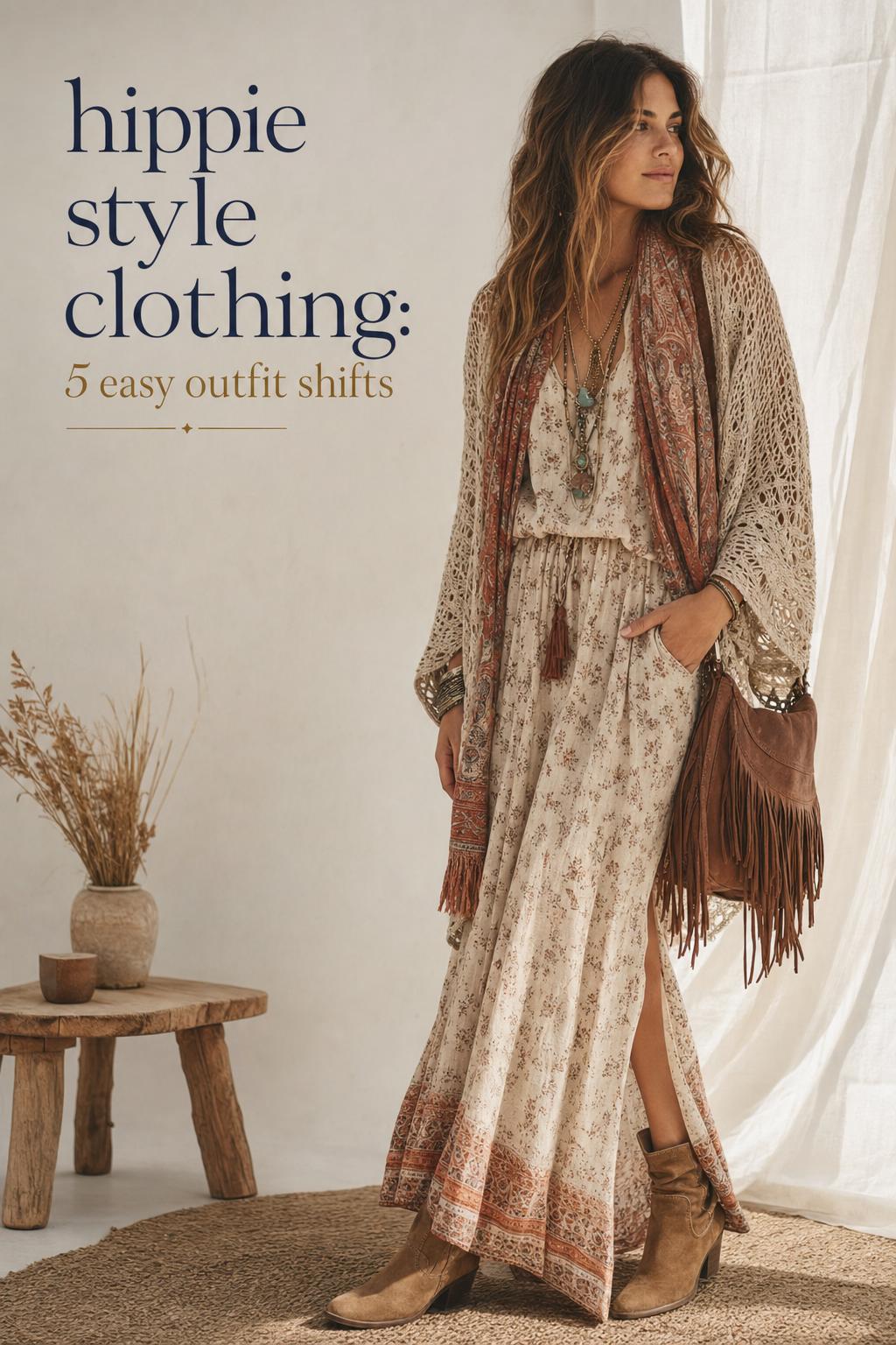Hippie style clothing comparison with boho and boho-chic layers, maxi dress, crochet, suede boots, and fringe bag.