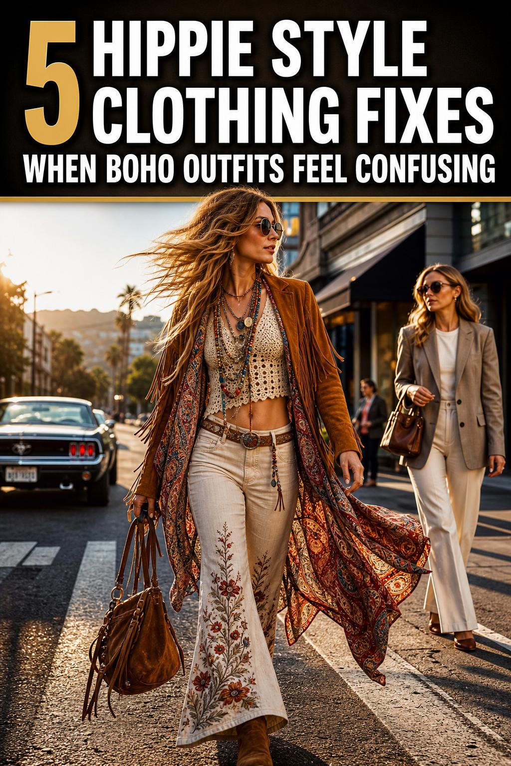 Woman wearing hippie style clothing with boho dress, layered jewelry, and a flower crown outdoors