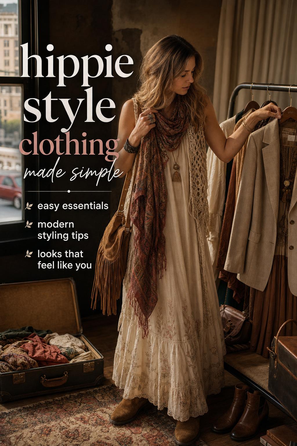 Hippie style clothing outfit in a moody dressing room, maxi dress, crochet vest, paisley scarf, suede fringe bag