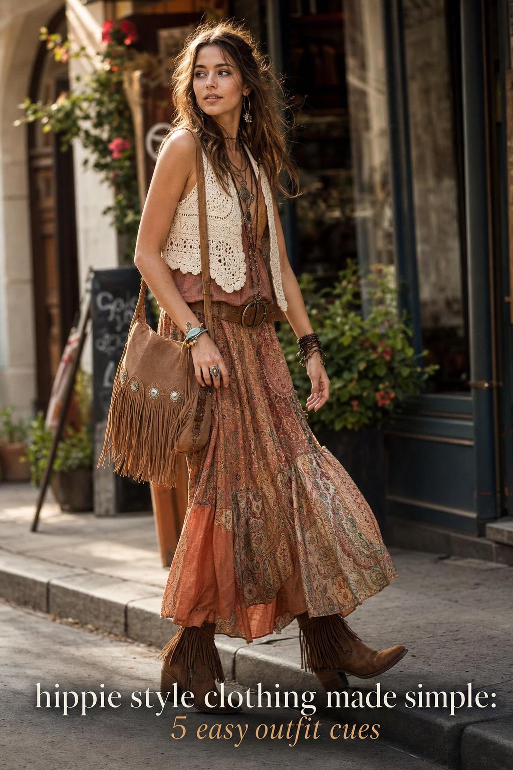 Hippie style clothing look with boho maxi skirt, crochet layer, suede boots and fringe bag on a sunlit city street.