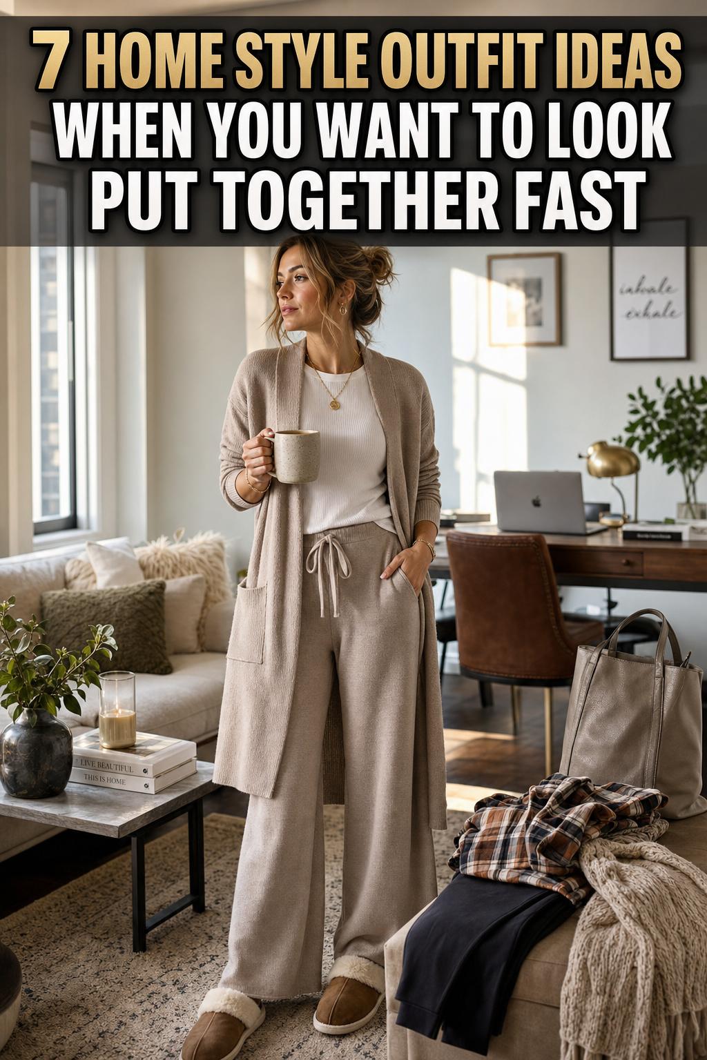 Home style outfit for women: cozy knit sweater with jeans in a bright living room