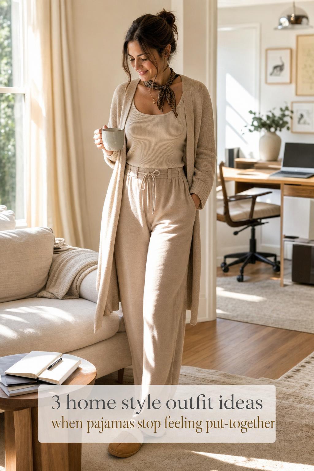 Home style outfit in a bright living room as a stylish woman walks past a linen sofa toward a minimalist home office