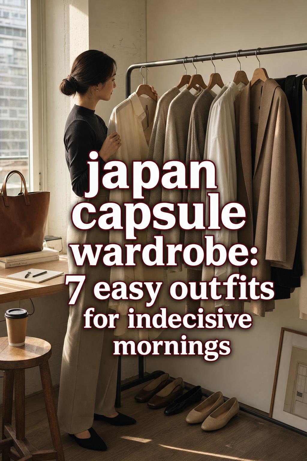 Stylish woman choosing outfits by a window in a warm urban home, showcasing a japan capsule wardrobe in neutral tones