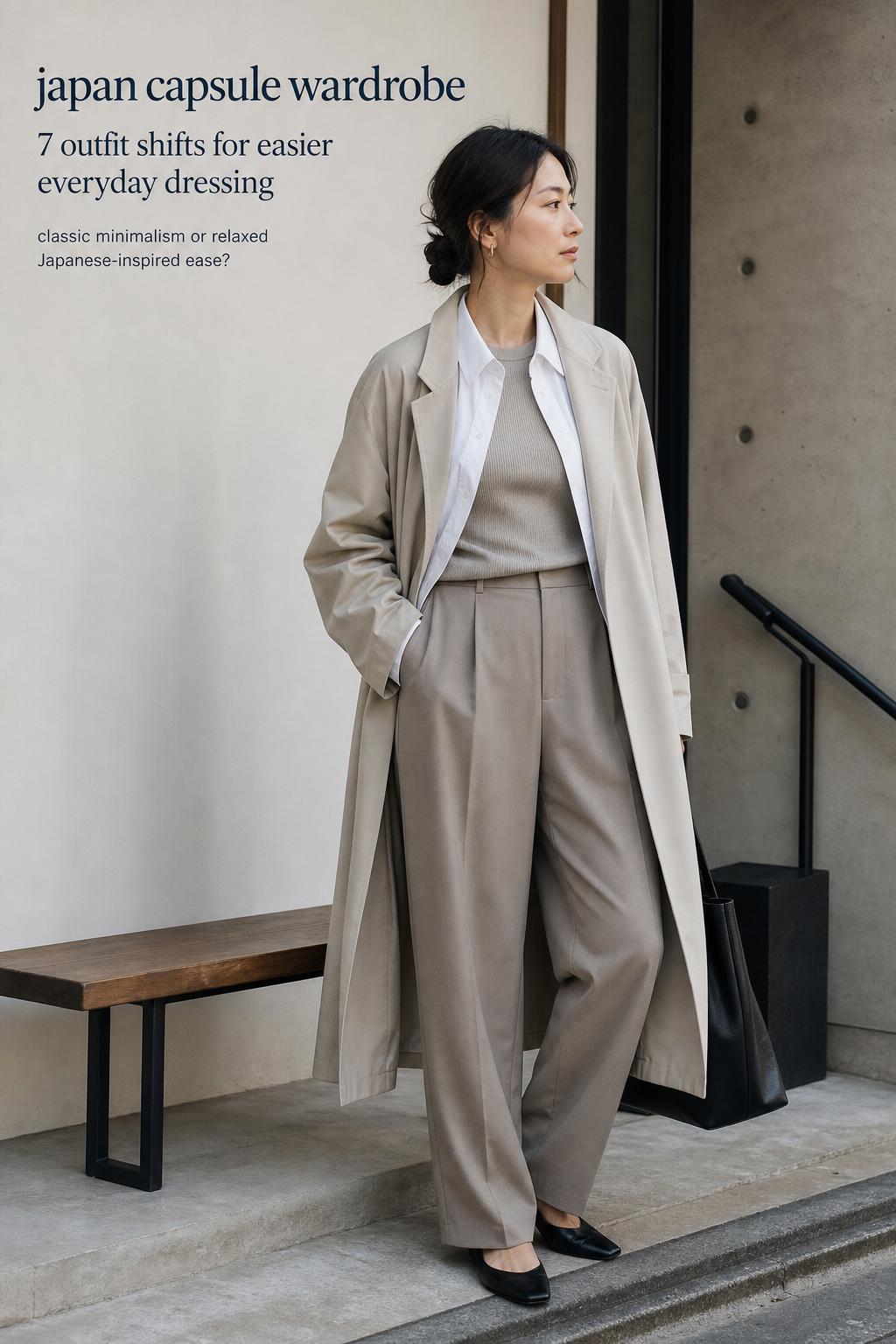 Japan capsule wardrobe editorial photo of a woman layering neutral tailored pieces in a minimalist city entryway