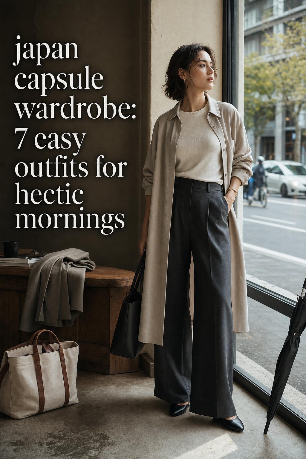 japan capsule wardrobe editorial photo of woman layering neutral outfit by window in chic city apartment