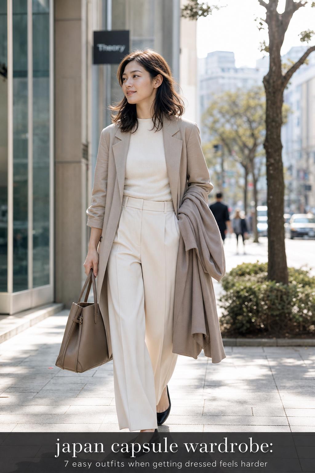 Japan capsule wardrobe street style, woman walking in a calm urban neighborhood with neutral tailored outfit and tote