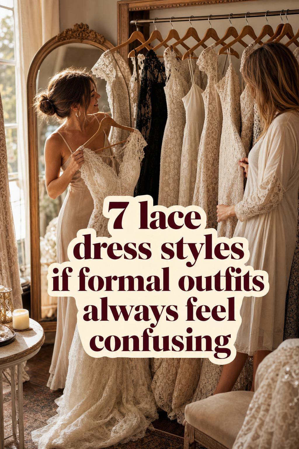 Lace dress styles display in a warm boutique as two women compare mermaid, A-line, sheath and off-shoulder lace gowns