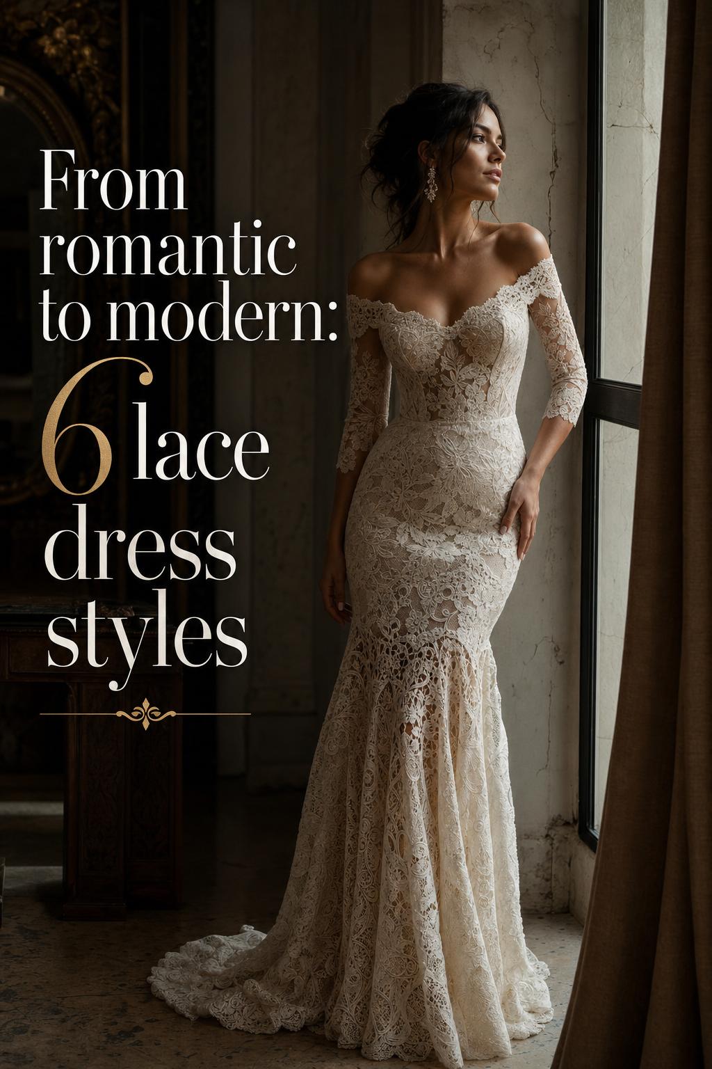 Modern woman comparing lace dress styles in a moody European interior, showcasing Chantilly, Alençon and guipure lace details