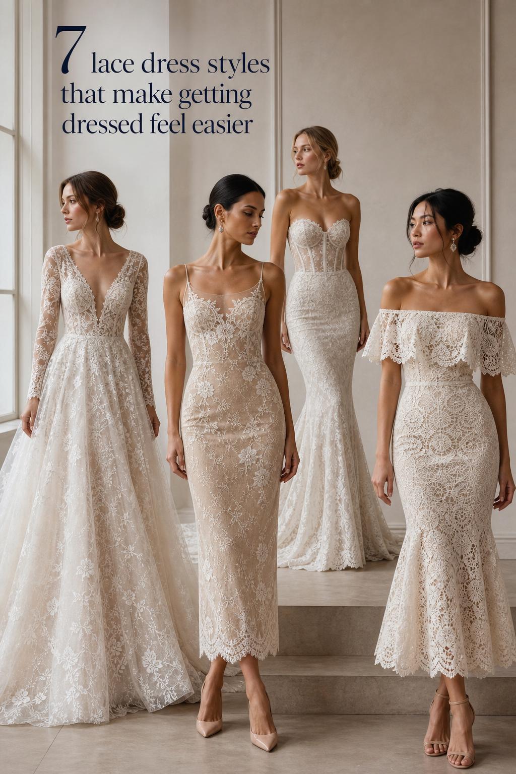 Pinterest editorial display of elegant lace dresses in a minimalist studio, comparing lace dress styles in neutral tones
