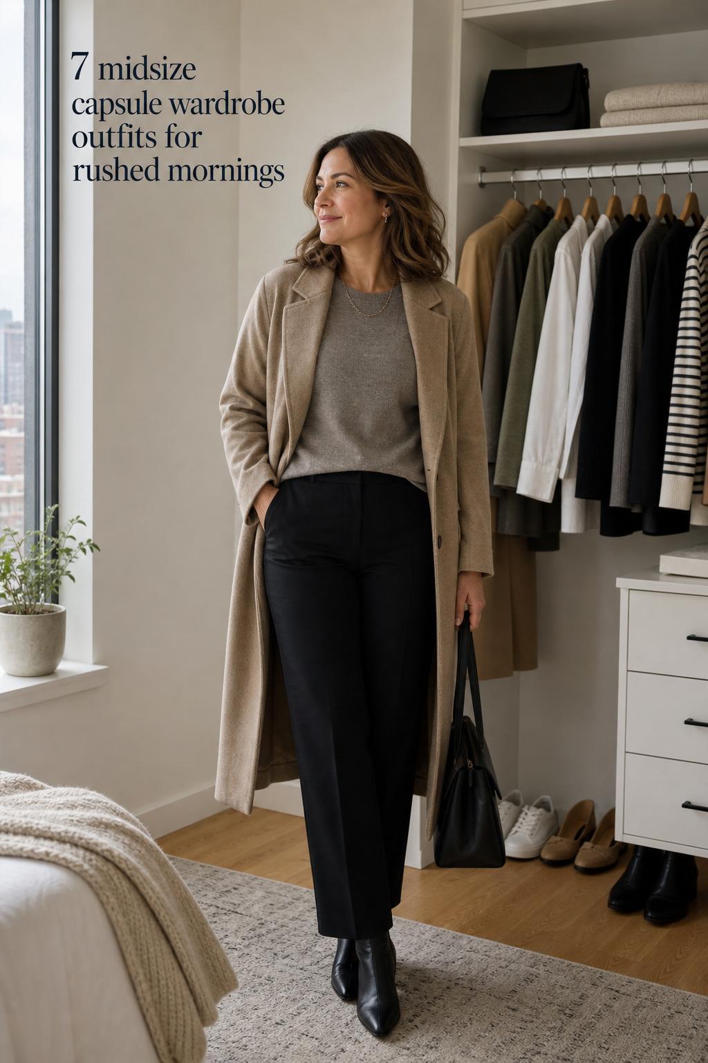 Midsize woman styling a midsize capsule wardrobe in a modern apartment with neutral blazer, trousers, and coat in daylight