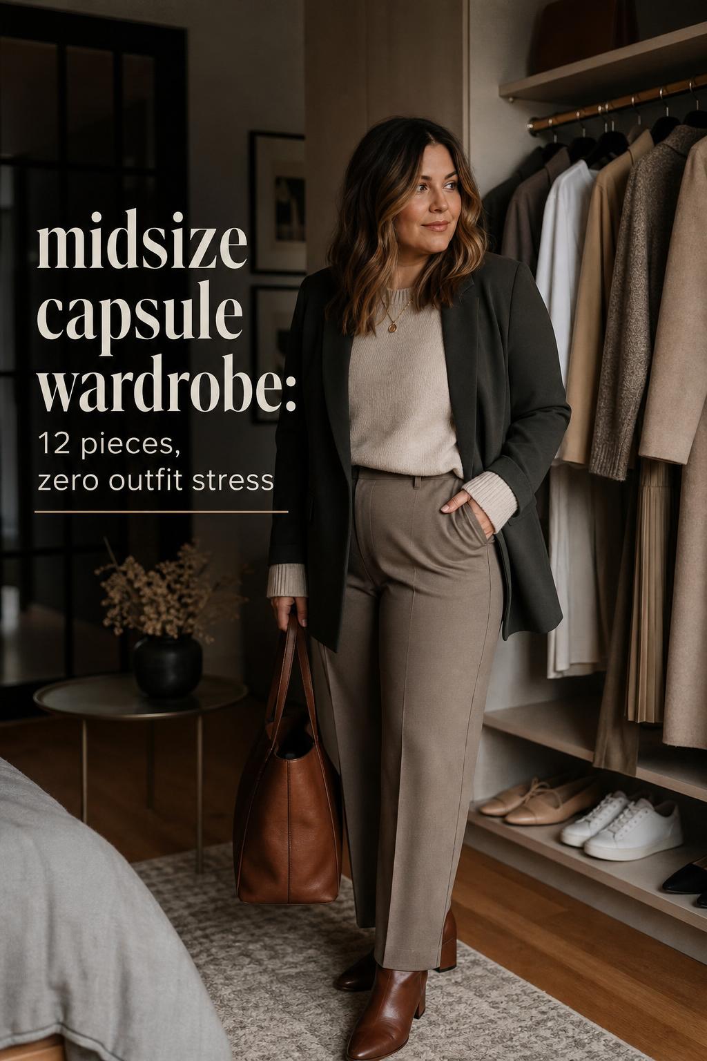 Midsize woman styling a midsize capsule wardrobe with neutral blazer, tailored trousers, and ankle boots by a minimalist closet
