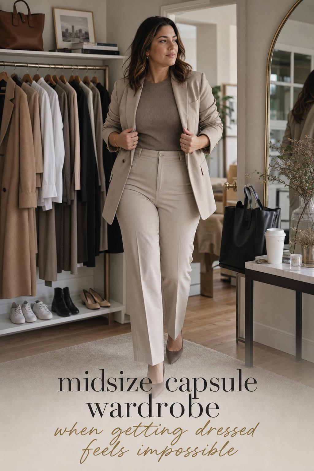 Midsize capsule wardrobe moment in a bright entryway, woman adjusting blazer beside neutral closet rail and work tote