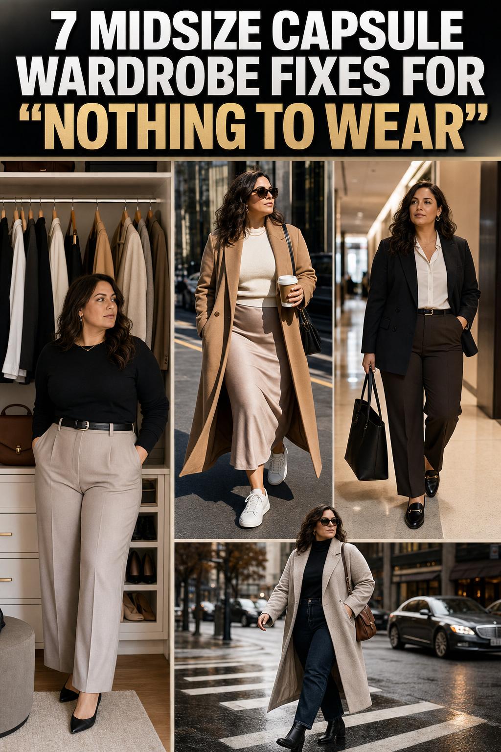 Midsize capsule wardrobe essentials neatly arranged on a bed with neutral tops, jeans, and classic accessories.