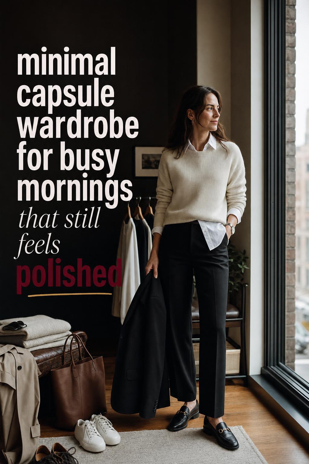 Minimal capsule wardrobe outfit on stylish woman by city window, neutral layers with blazer, denim, loafers, and coat rack