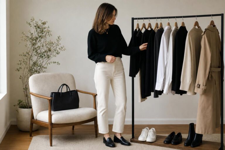 Minimal capsule wardrobe essentials laid out with trench coat, blazer, white shirt, denim and loafers for polished busy days