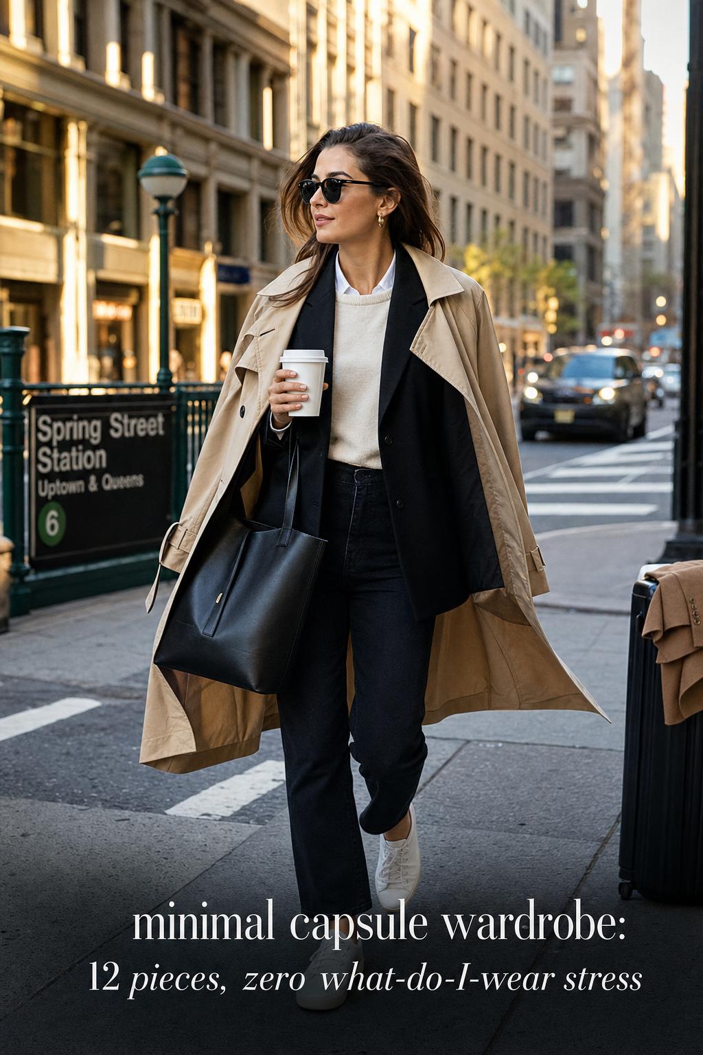 Minimal capsule wardrobe street style: modern woman walking at golden hour in a U.S. city, coffee and tote, trench coat in motion