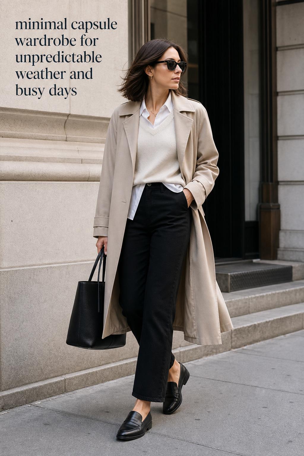 Modern woman in a minimal capsule wardrobe on a city sidewalk, wearing neutral layers with a trench coat and tote.