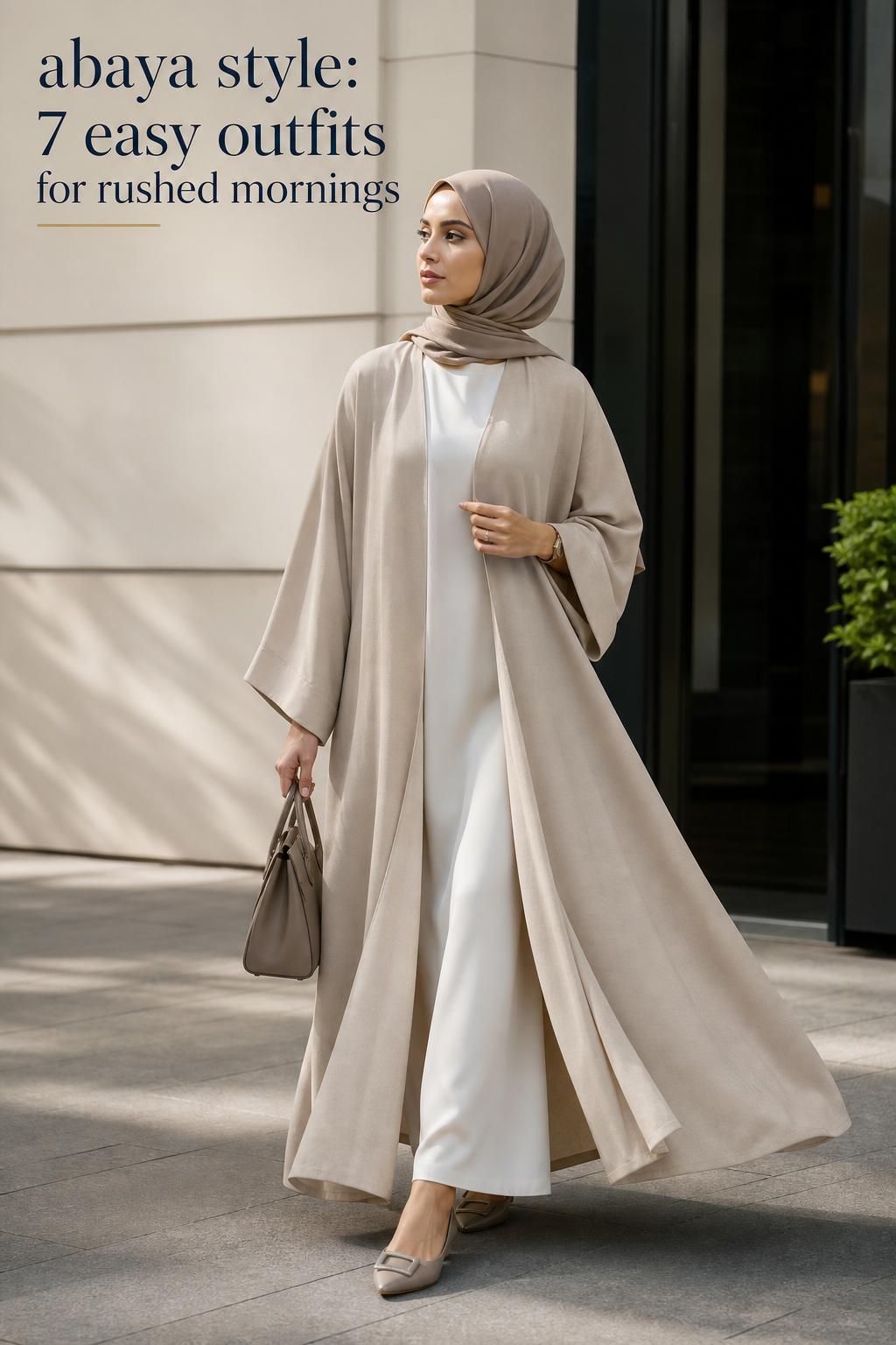 Modern woman walking in minimalist neutral abaya style on a quiet city street in soft morning light, editorial look