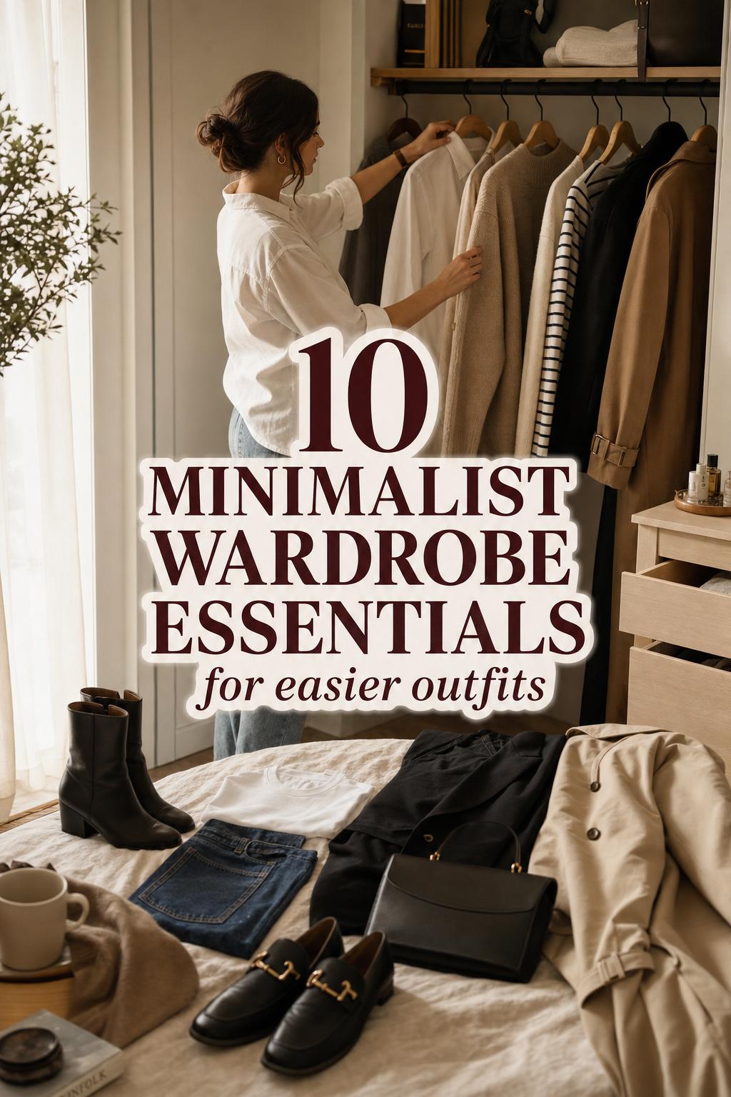 Minimalist wardrobe essentials in a warm bedroom as a woman chooses a white shirt and beige knit from a capsule closet