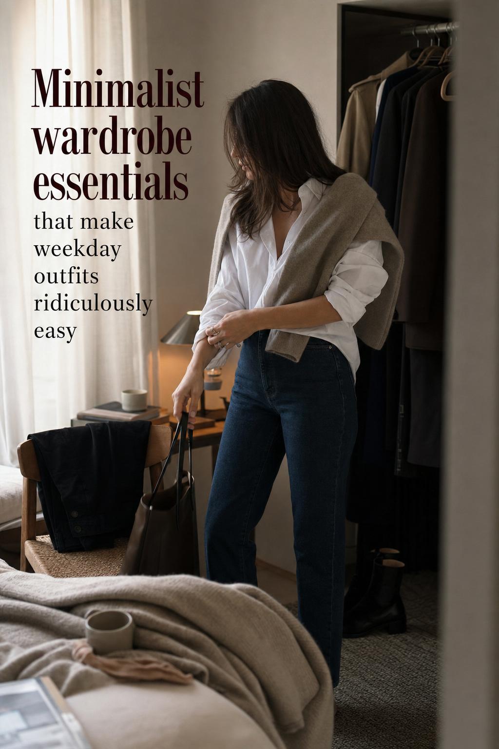 Minimalist wardrobe essentials editorial photo of woman in city apartment wearing white button-down and dark jeans, morning light