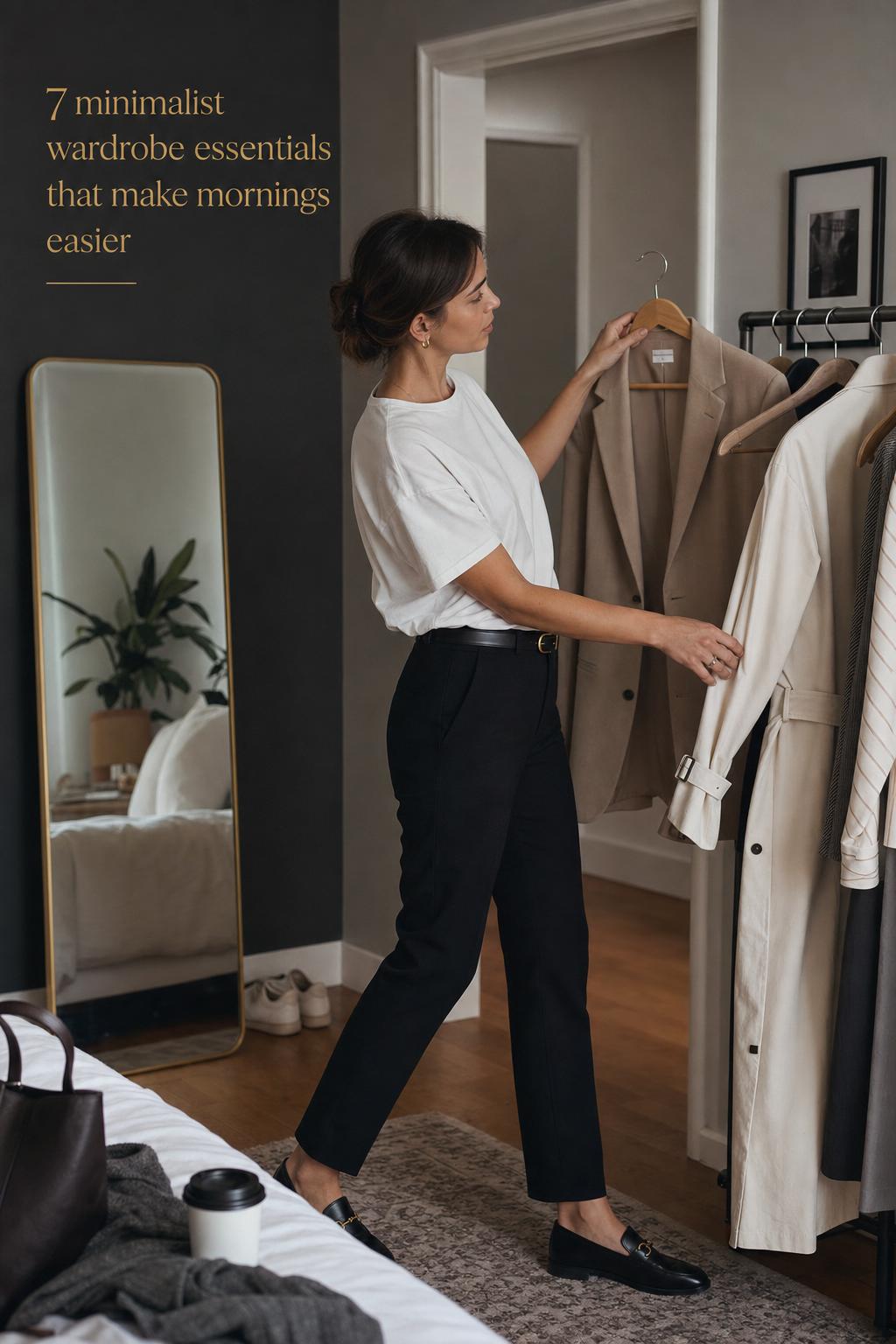 Minimalist wardrobe essentials: woman choosing a blazer or trench in a softly lit entryway, white tee, black trousers, loafers