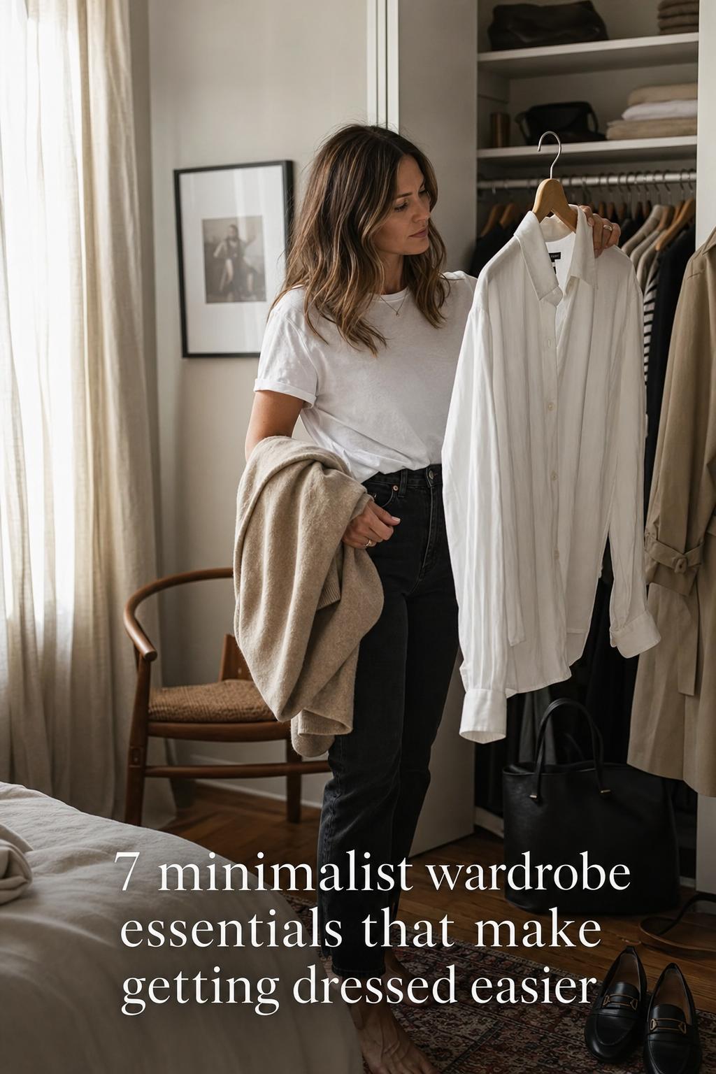 Woman choosing a white shirt in a sunlit apartment entryway, showcasing minimalist wardrobe essentials for easy city mornings.