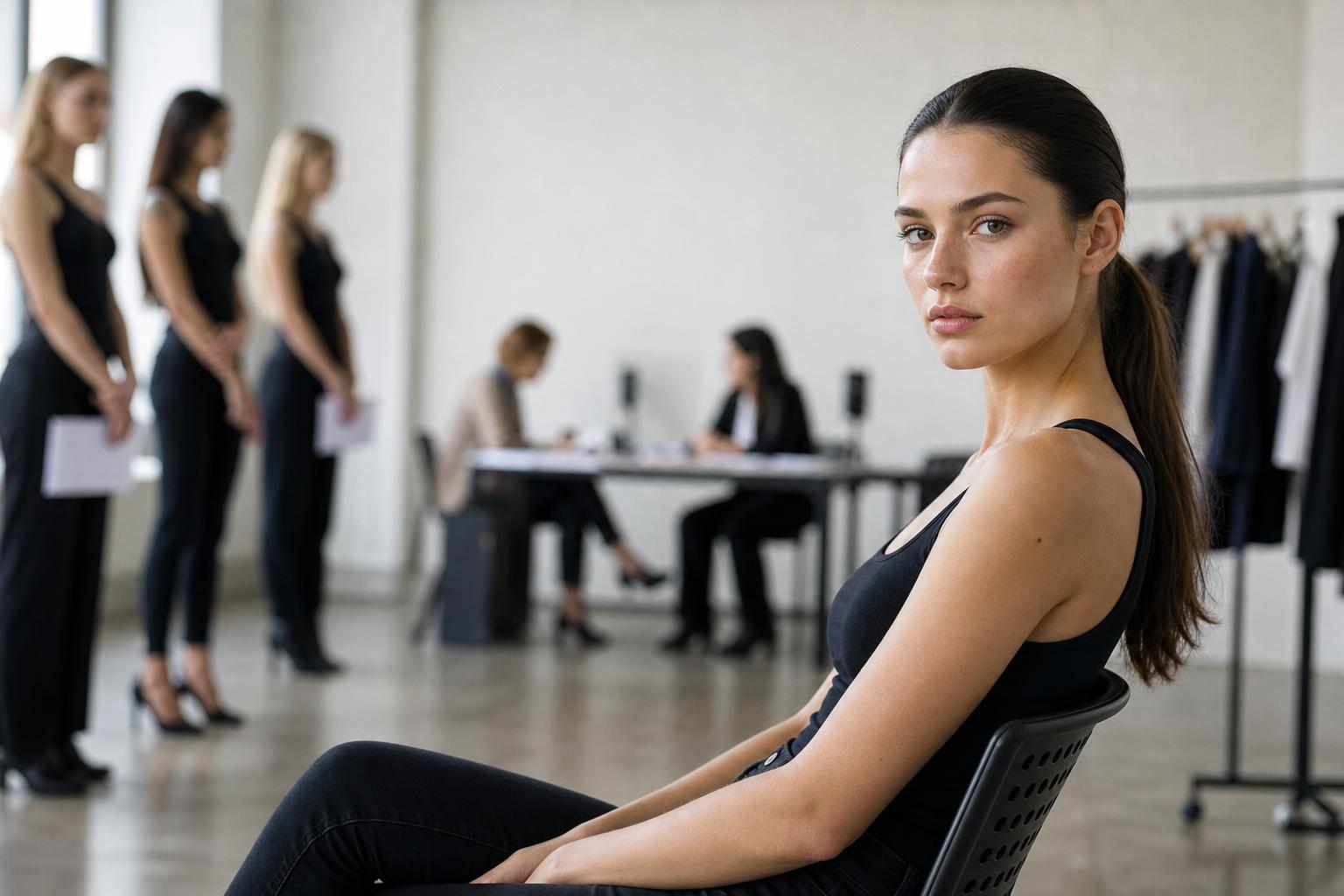 Model at casting holding a portfolio book in a bright studio, showcasing polished modelling tips for a strong first impression