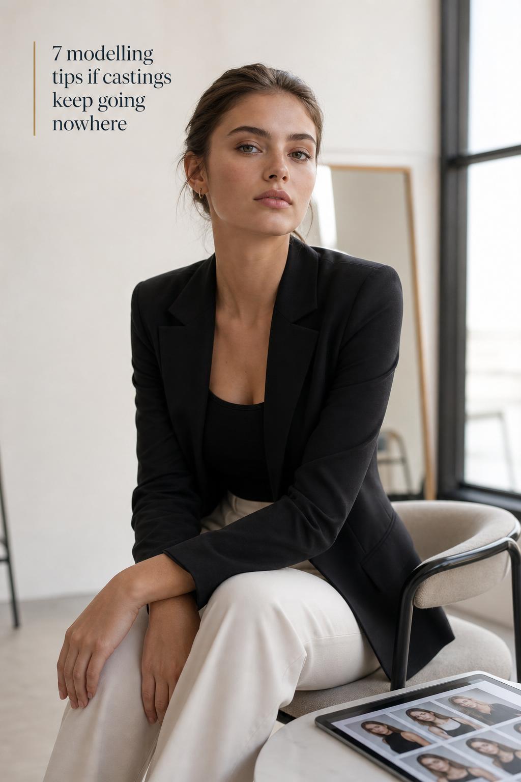 Modelling tips editorial photo of a professional model in a minimalist casting studio with natural window light and comp card