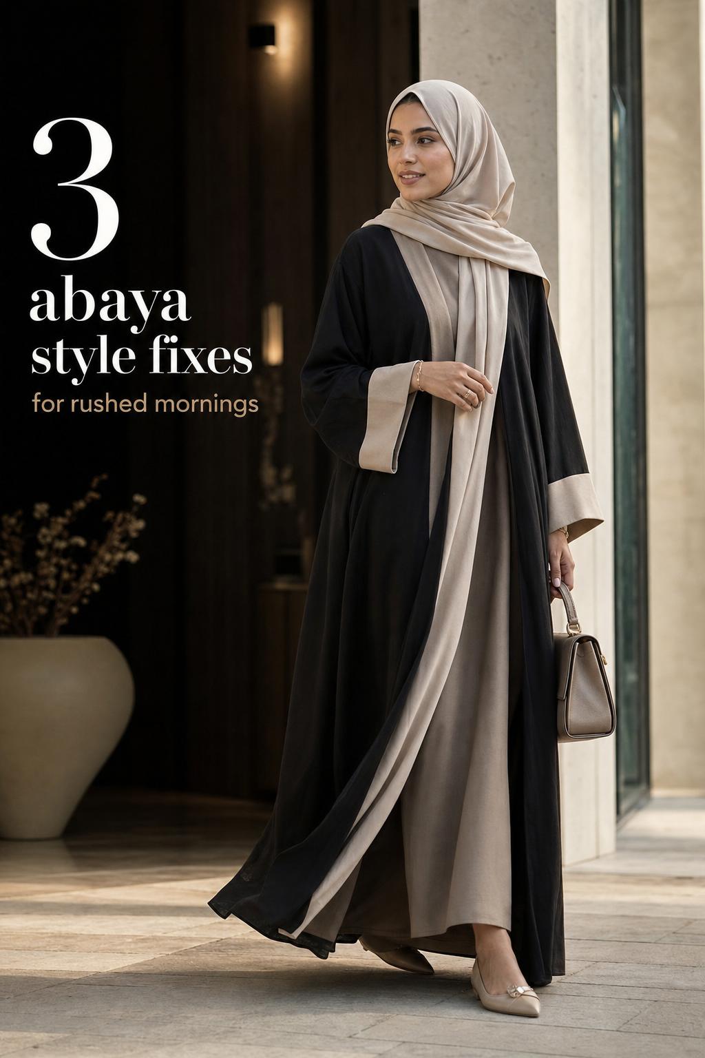 Elegant woman walking in modern city wearing flowing monochrome abaya style with hijab and structured handbag, cinematic light