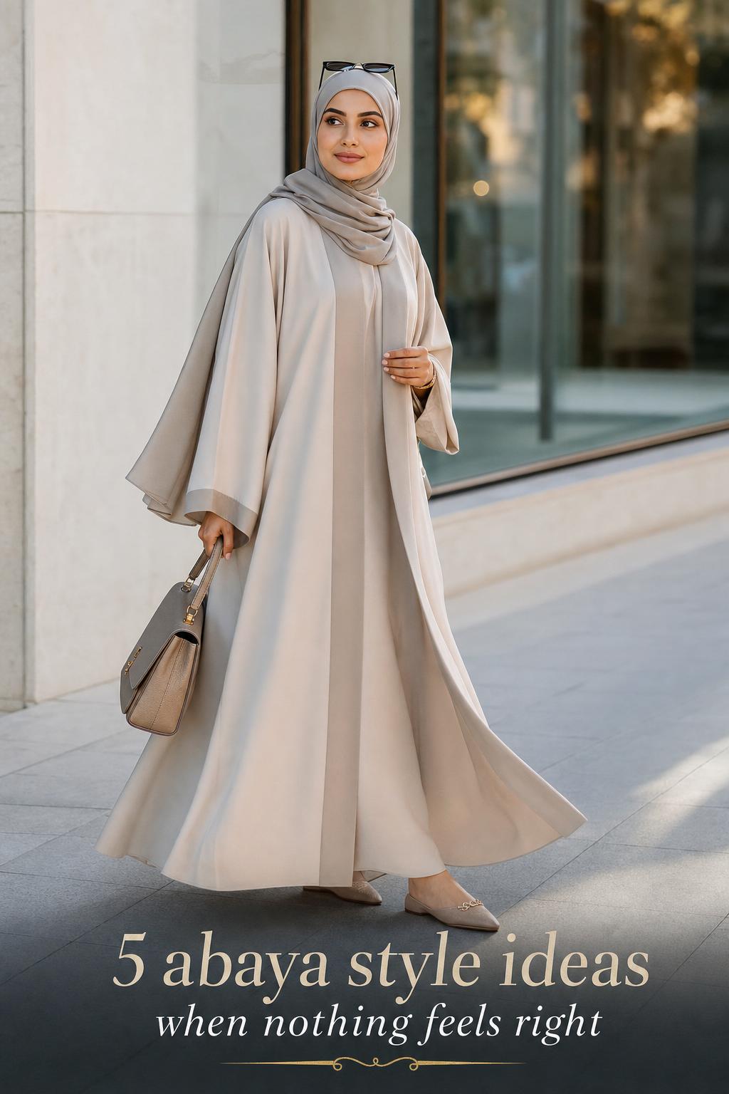 Abaya style outfit in a modern monochrome look, woman mid-step in flowing crepe abaya with hijab on a bright city street