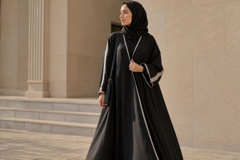 Modern abaya style in neutral tones with fluid silhouette and simple hijab, styled for polished everyday wear