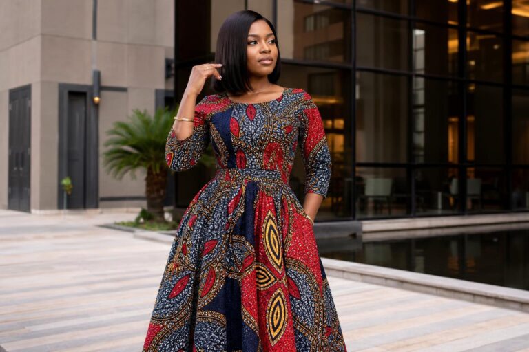 Modern ankara style dress with bold African print, styled for weddings and work in a polished, contemporary silhouette