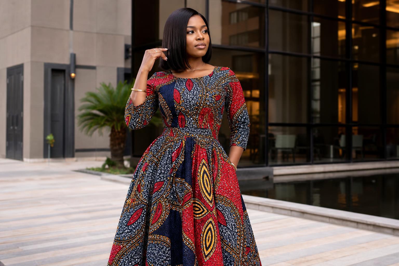 Modern ankara style dress with bold African print, styled for weddings and work in a polished, contemporary silhouette