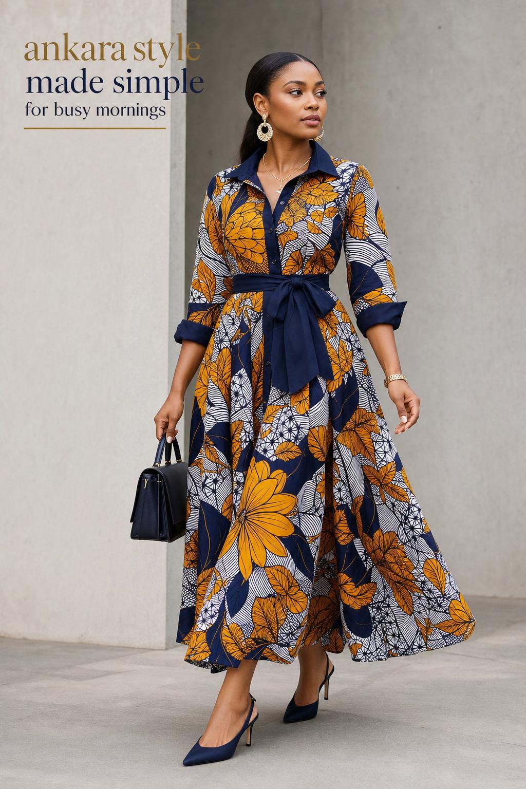 Minimalist fashion editorial photo of a confident woman in bold ankara style wax print dress on a neutral background