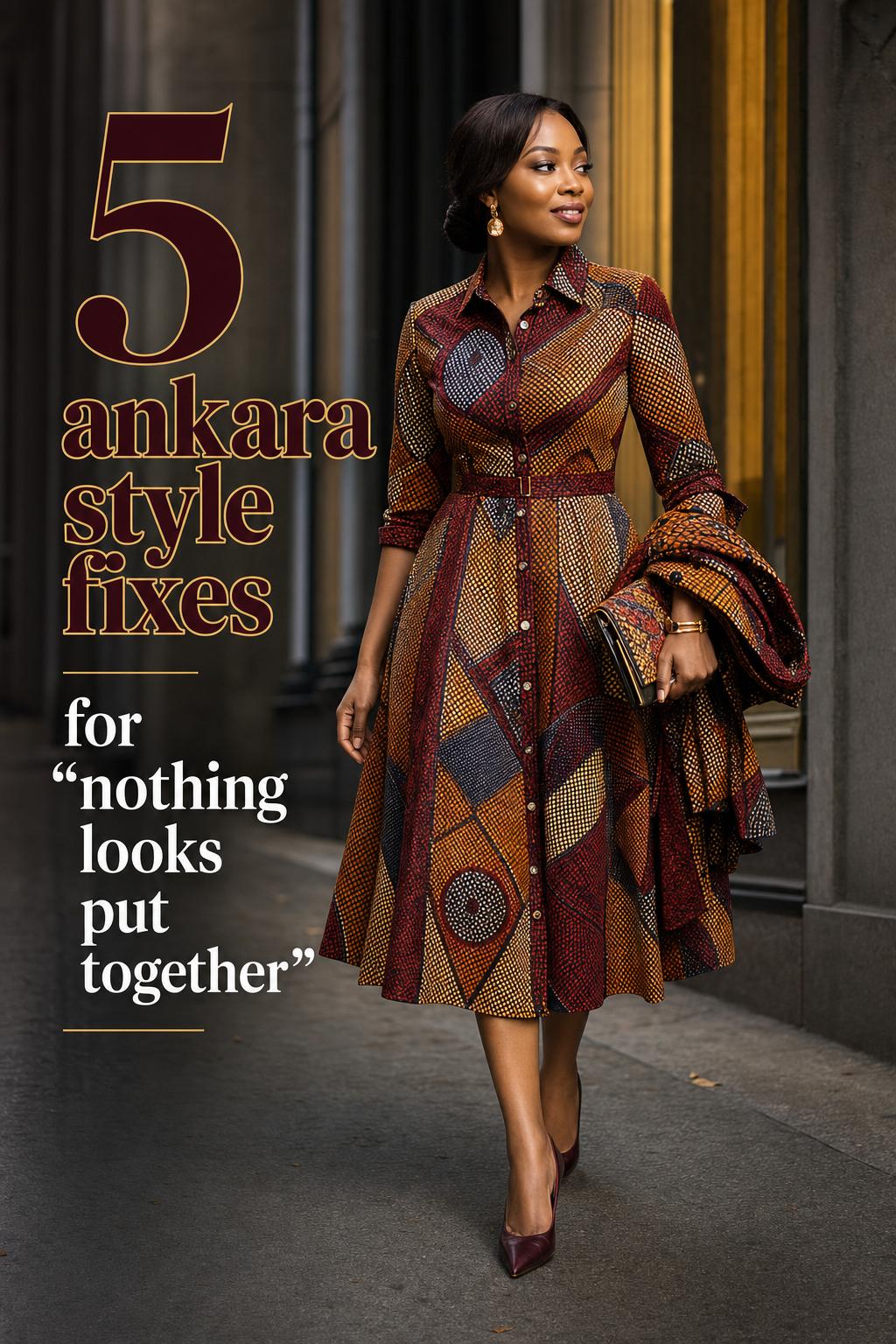 Ankara style fashion editorial photo of a woman in a wax-print midi shirt dress in a luxe city walkway with warm window light