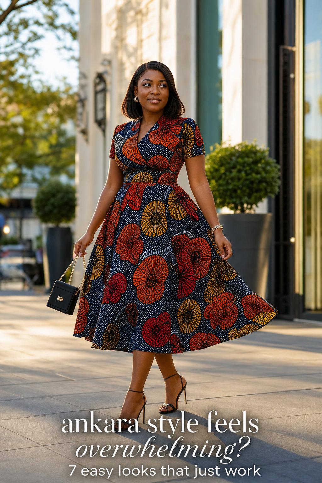 Confident woman in a tailored Ankara wax-print midi dress walking at golden hour, showcasing modern ankara style on a city street.