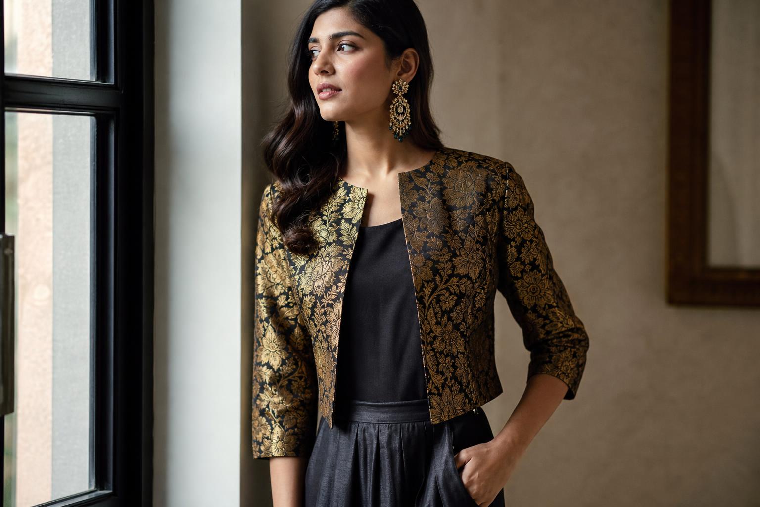 Modern brocade styles jacket layered over a neutral top with denim for a polished evening-ready look