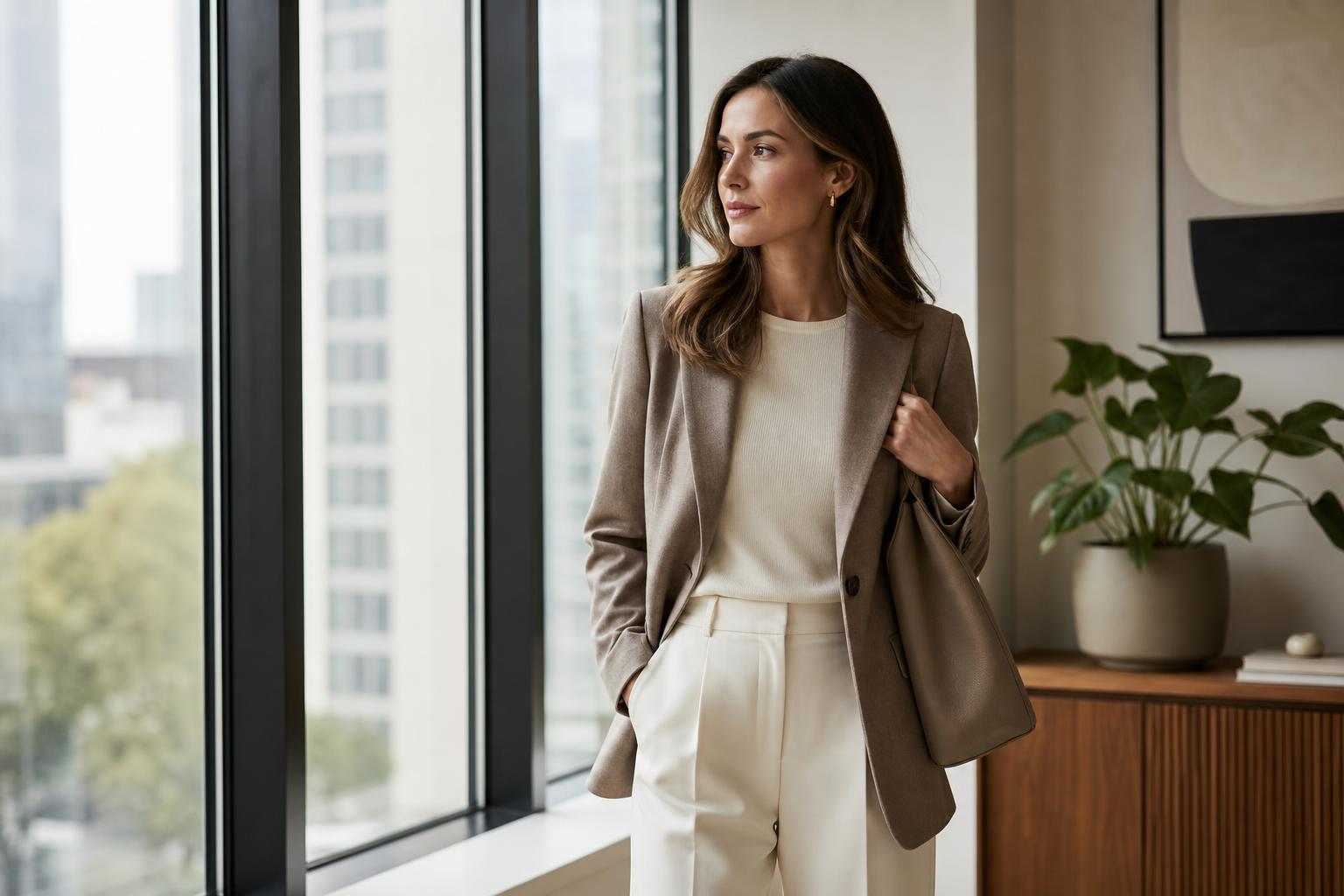 Business capsule wardrobe essentials laid out with blazer, trousers, knit and shoes in a modern neutral workday palette