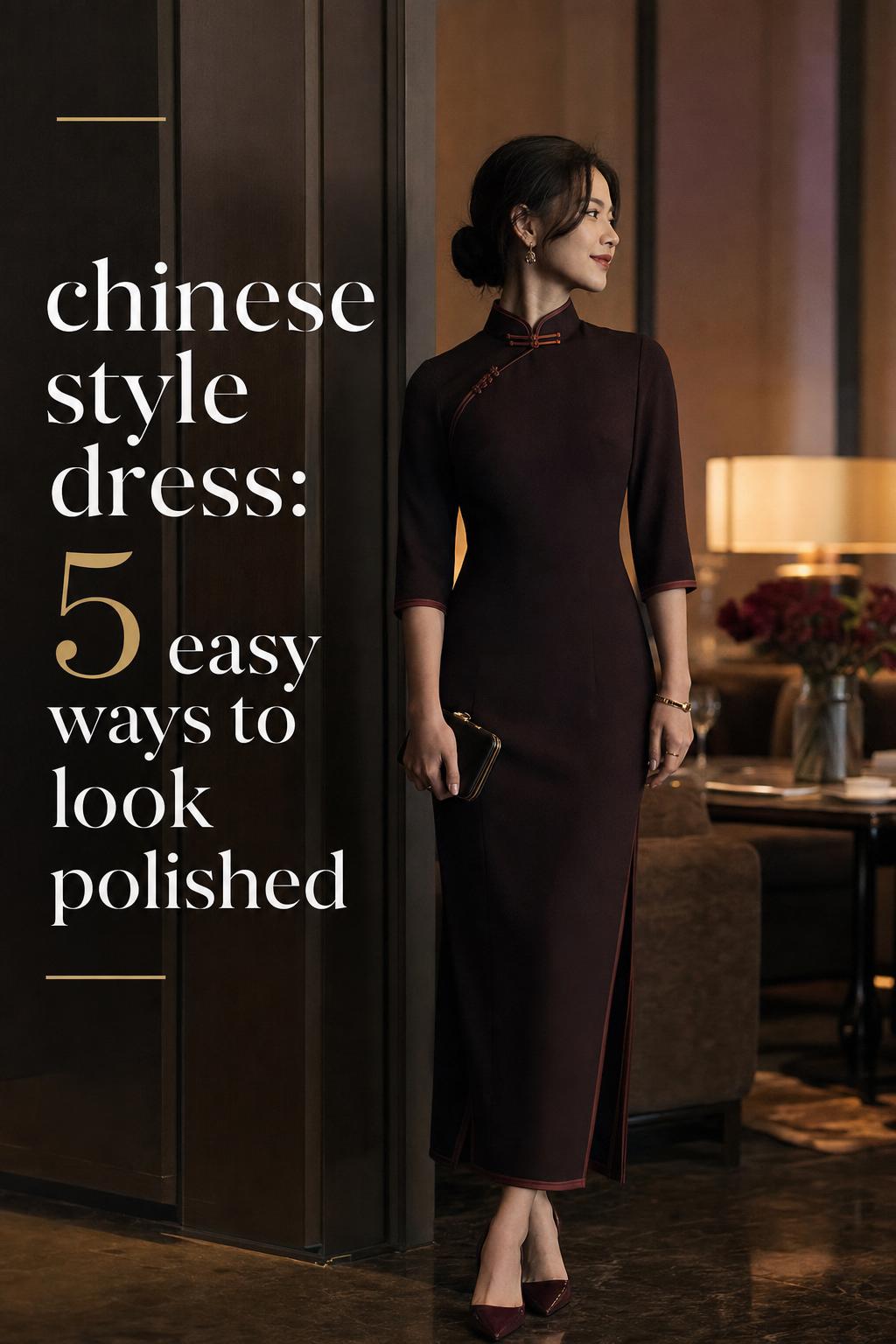 Sophisticated woman in a modern chinese style dress in a gallery lounge at golden hour with elegant text overlay