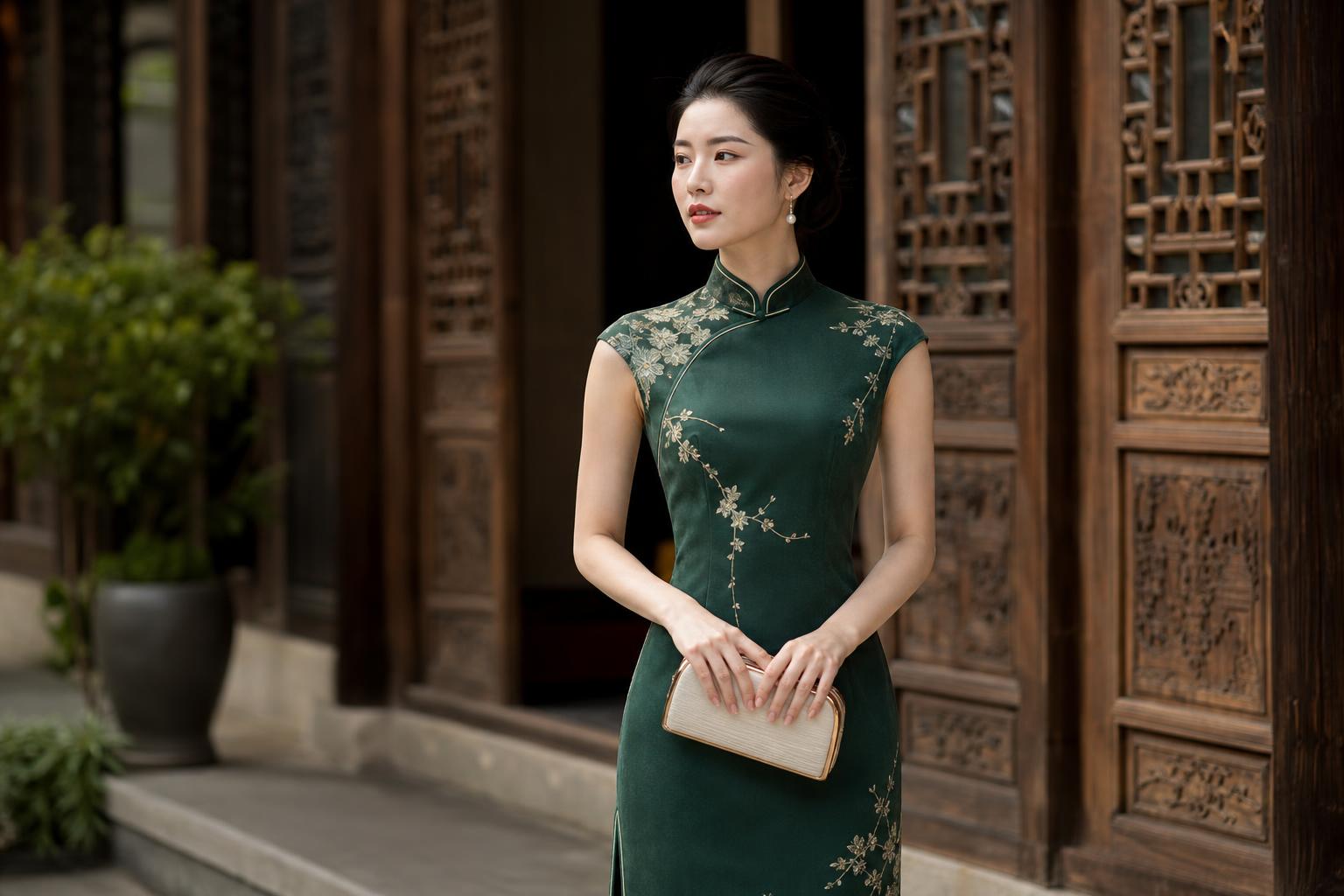 Modern chinese style dress with sleek high collar and tailored silhouette for a polished evening look