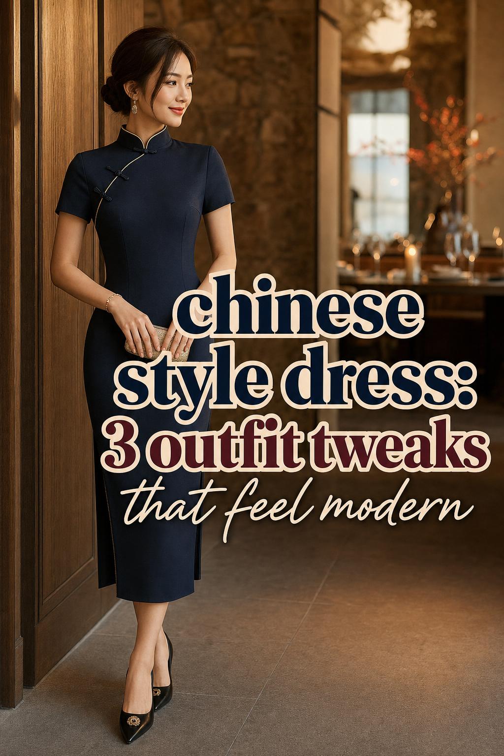 Woman in a modern chinese style dress in a warm gallery hallway with bold Pinterest styling text overlay