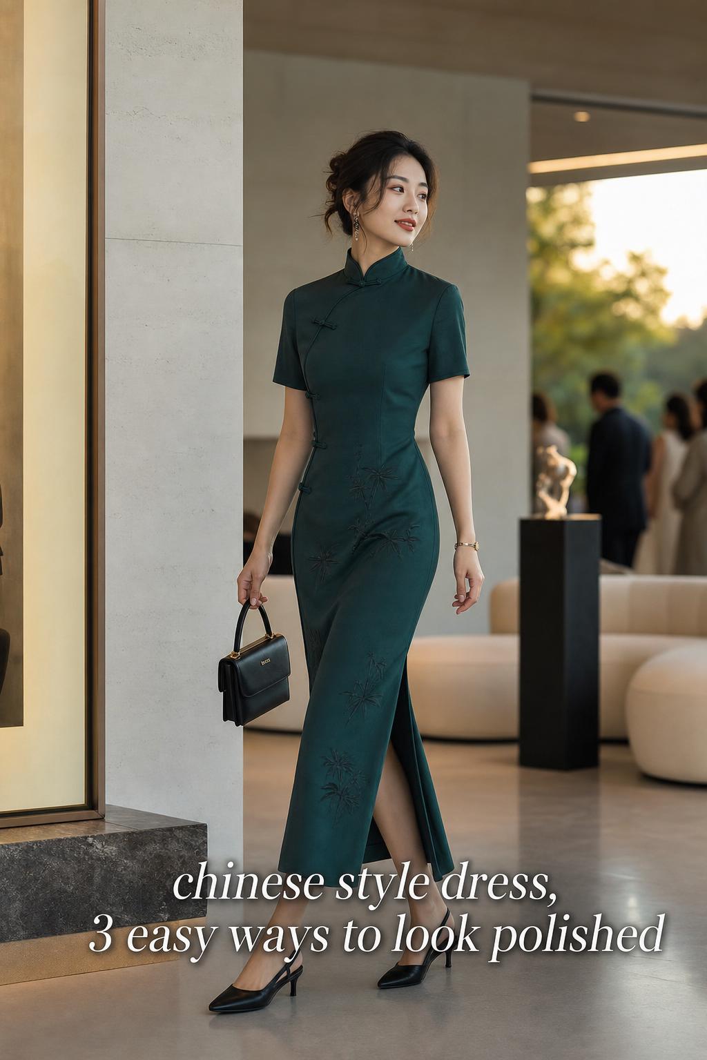 Modern woman in a chinese style dress in an upscale gallery lounge, softly lit with warm evening glow and minimalist decor