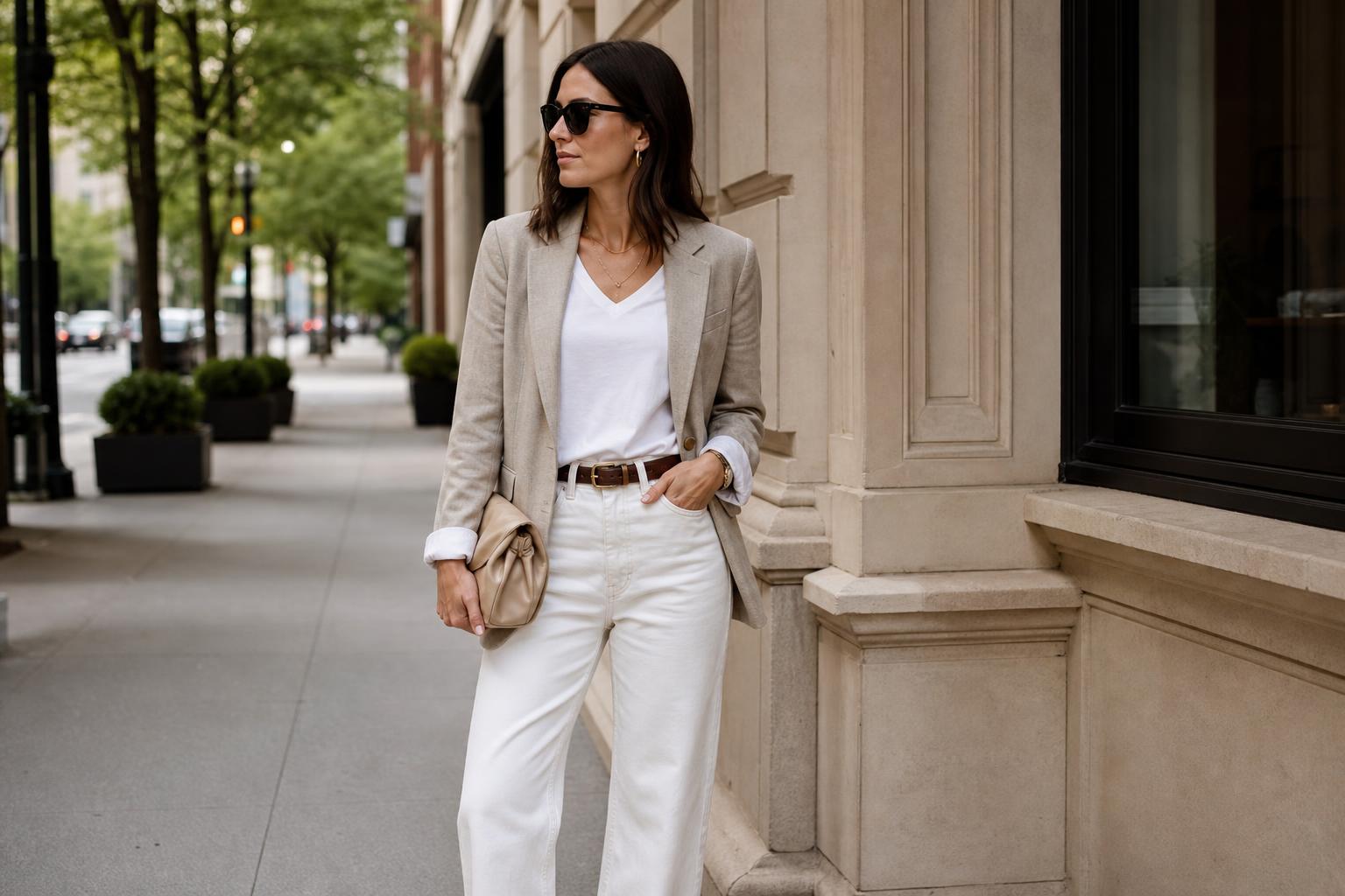 Neutral capsule wardrobe essentials in a modern city outfit with trench coat, tailored trousers, white tee, and loafers